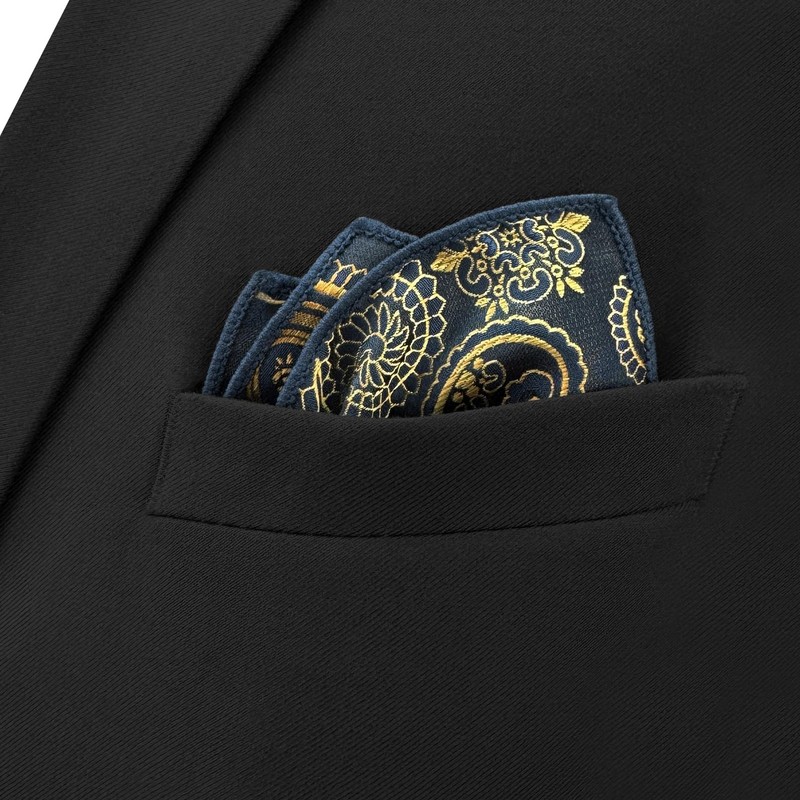 SHLAX&WING Paisley Black Golden Pocket Square Men's Necktie Silk MH10