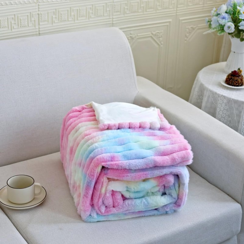 Plush Throw Blanket, Rainbow Tie-Dye Pattern, Super Soft Faux Fur,