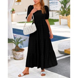 PRETTYGARDEN Women Summer Dresses 2025 Casual Puff Sleeve Square Neck Smocked Loose Fit Solid Color Wedding Prom Dress(Black,Small)