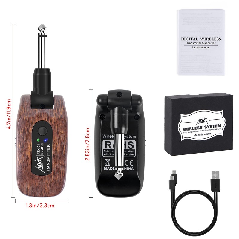 AKLOT Wireless Guitar System Transmitter Receiver Set 2.4GHz Built-in Rechargeable
