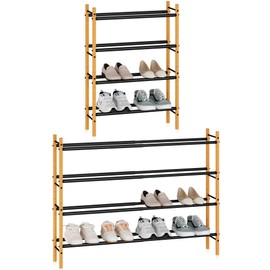 STORAGE MANIAC Expandable Shoe Rack, 12 Pairs Stackable Small Shoe Rack, Metal Adjustable Shoes Organizer for Closet, Entryway, Hallway, Garage, Front Door, Shoes Shelves, Bamboo 3 Tier