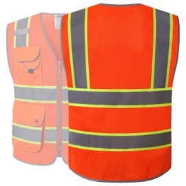 JKSafety 9 Pockets Hi-Vis Reflective Safety Vest | Mesh Fabric | Fluorescent Orange Color with Neon Yellow Extended Trims | ANSI/ISEA Compliance (100-Orange, L)