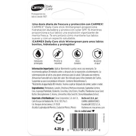 Carmex, Bálsamo Labial Hidratante Daily Care WinterGreen, Protege y Suaviza, Resiste al Agua, con Protección Solar FPS 15, 4.25 gr