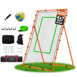 Volleyball Rebounder Net with Volleyball, Bungee Cords,Carry Bag and Neon Target, 5 Adjustable Angles Bounce Back Net for Volley Ball,Baseball,Improve Skills (4x7ft)