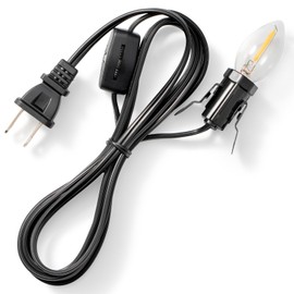 UL Listed 6 FT C7 Accessory Cord with C7 Led Light Bulb, Candelabra-Base E12 Lamp Socket with Clips, Black Cord with On/Off Switch Plug for Christmas Village Houses, Snow Village, Nativity Lights