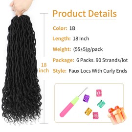 Goddess Locs Crochet Hair 18 Inch 6 Packs Faux Locs Crochet Hair Pre Looped Crochet Braids for Women Soft Faux Locs with Curly Ends(1B, 18 in, 6 Pack)
