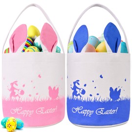 Ziwijity 2 Pack Easter Bunny Baskets for Kids - Easter Basket Bags with Handles, Canvas Rabbit Tote Bags for Easter Egg Hunts, Party Gifts, and Storage (Empty)(Pink+Blue)