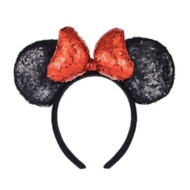 Lucky Summer Handmade Glitter Sequin Mouse Ears Headband Sparkly 3D Bow Black Mice Headwear for Princess Party Costume (Black Red)