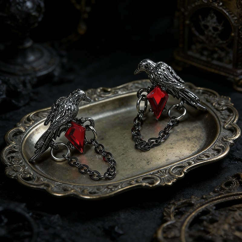 Gothic Black Crow Earrings for Women Red Rhinestone Raven Earring