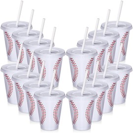 Ziliny 12 Pcs Baseball Party Cups with Straws and Lids Bulk 16 oz Plastic Water Cups for Birthday Party Supplies Reusable Sports Party Decoration for Game Day, Sports Event Party(Baseball)