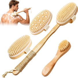 4PCS Cepillos Corporales de Cerdas Naturales,Cepillo Exfoliante Facial y Corporal,Cepillo Corporal de Ducha con Mango Largo,Uso Seco y Húmedo, Ideal para,Masaje y Ducha, Mejora La Celulitis