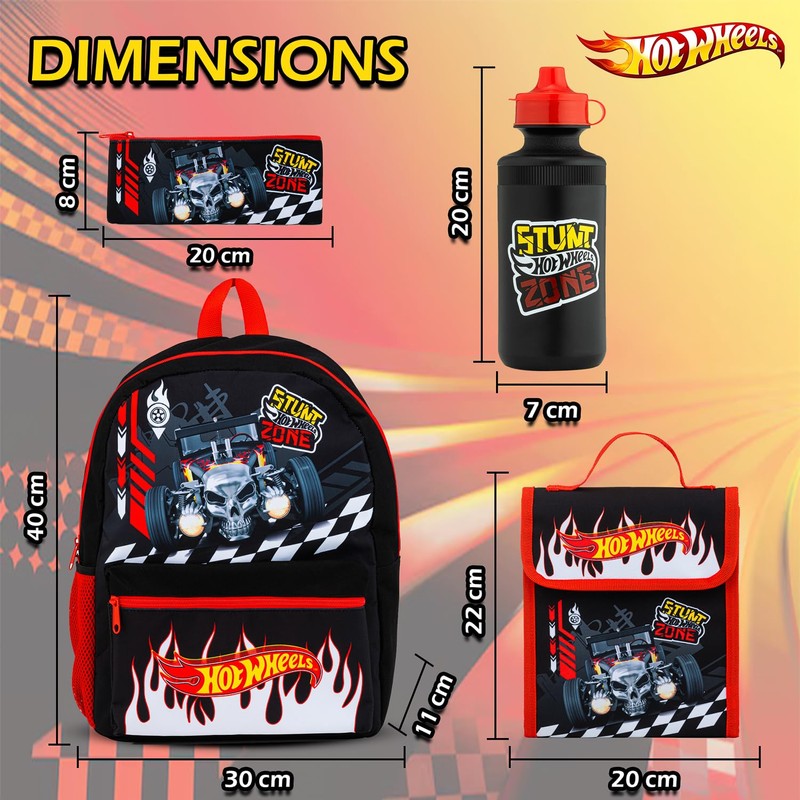 Hot Wheels Kids Backpack 4 Piece School Set Including Lunch