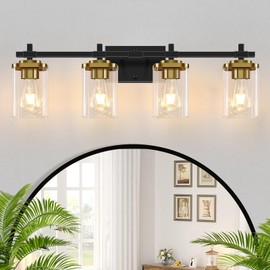 Spiglamm 4-Lights Black and Gold Bathroom Vanity Light, Modern Bathroom Wall Sconces Lighting with Clear Glass Shade, Gold Vanity Lights for Bathroom Bedroom Living Room Porch
