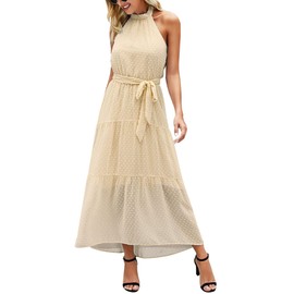 PRETTYGARDEN Women’s Casual Halter Neck Sleeveless Floral Long Maxi Dress Backless Loose Ruffle Sundress with Belt (Solid Light Yellow,Medium)