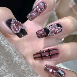 Press on Nails Long Artificial Acrylic Nails Stars Pearl and Pink Love Heart Design False Nails Ballet Shaped Fake Nails 24Pcs Full Cover Reusable Coffin Nails Glue on Nails for Women Kit