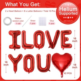 Valentines Day Balloons Decorations Red 10 Pcs 16 Inch - "I Love You" Letter + Heart Balloons with Tape Straws Ribbon for Romantic Party Proposal Wedding Bedroom Valentines Day Decor