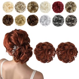 FeidyLong 2 PCS Messy Bun Hair Piece Wavy Curly Hair Bun Scrunchies Extensions Synthetic Chignon Thick Updo Hairpieces for Women Girls(Light Brown mix Light Auburn)