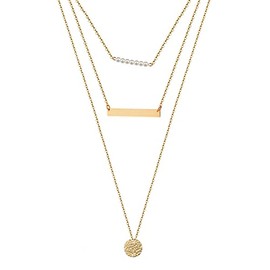 Disc Bar Pendant Necklace Pearl Choker Necklace Layered Gold Necklaces for Women Girls Layering Necklaces Gold Layer Necklace
