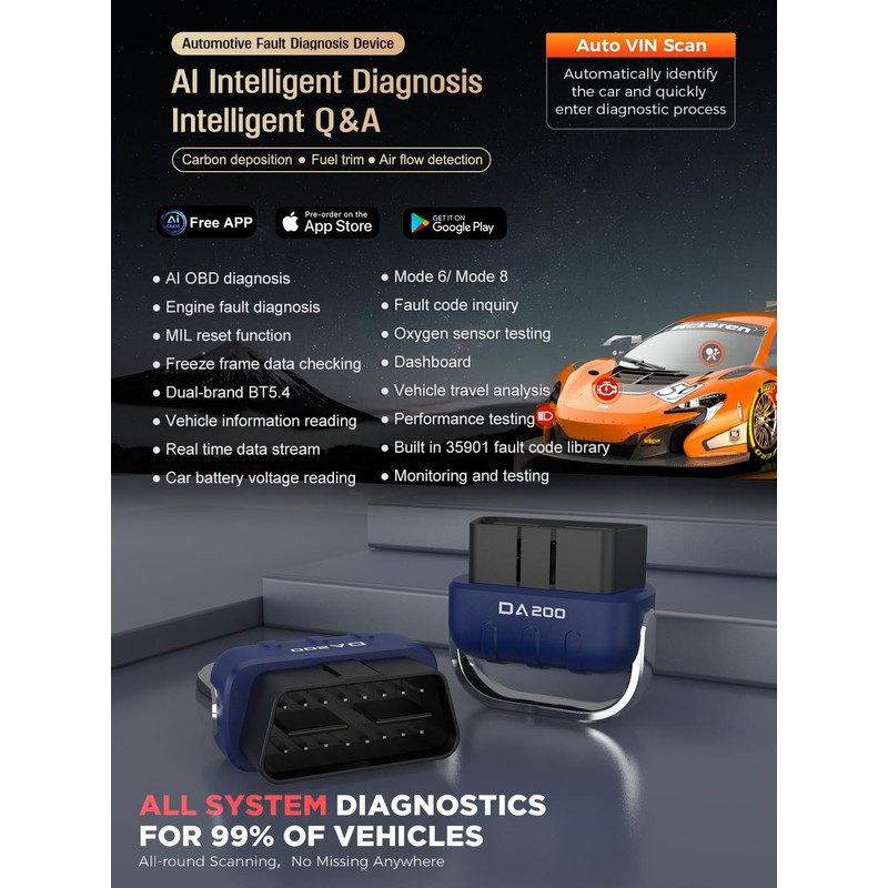 DA200 OBD2 Scanner Bluetooth, All-in-One Code Reader for Check Engine
