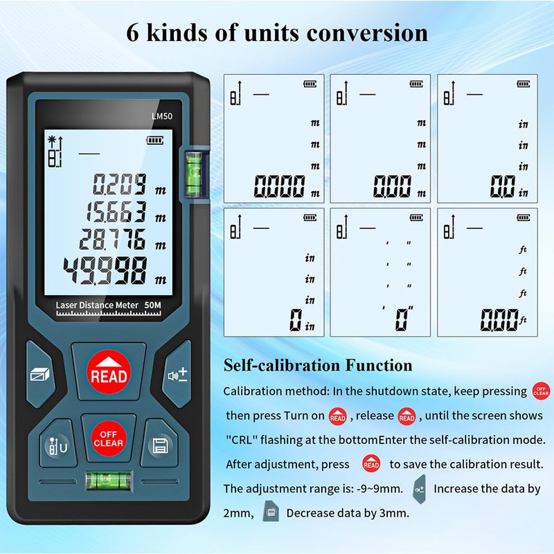 Tiardey Rangefinder,LM50 50M Digital Laser Distance Measurer With LCD Backlight