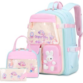 FIXITOK Girls Backpack Set, 3PCS Kids Backpack for Girls, Kawaii Bunny School Backpacks for Girl Kindergarten Elementary Preschool Middle School Bags with Lunch Box Pencil Case Aquamarine