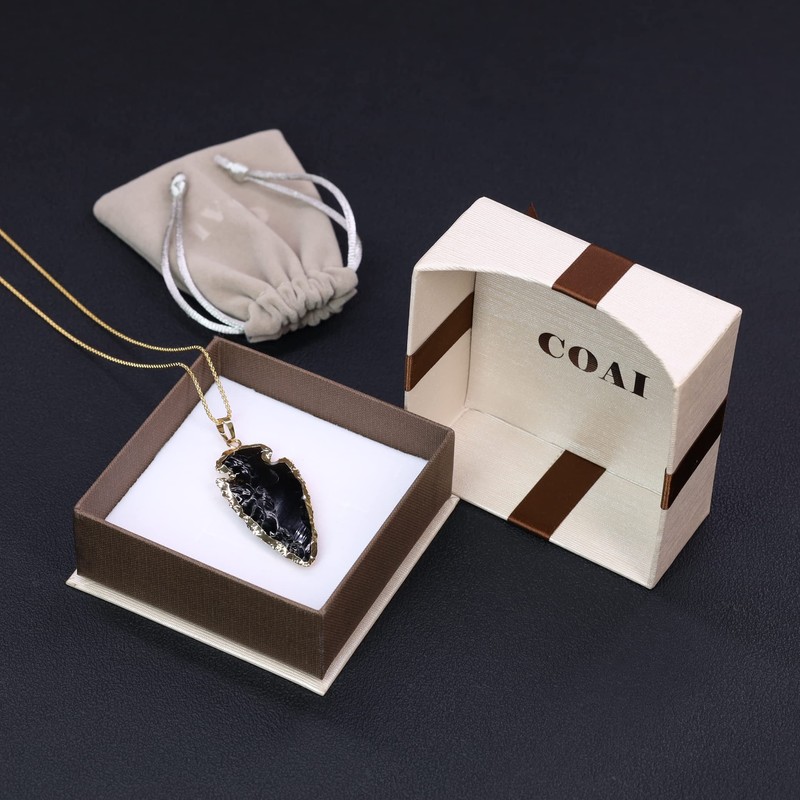 COAI Raw Obsidian Dragonglass Arrowhead Pendant Necklace for Men Women