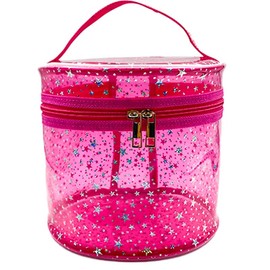 TotePrint Waterproof Pink Star PVC Makeup Bag - 7.1x6.3in Barrel Cosmetic Organizer with Zipper, Portable Toiletry Pouch for Women & Men (Pink)