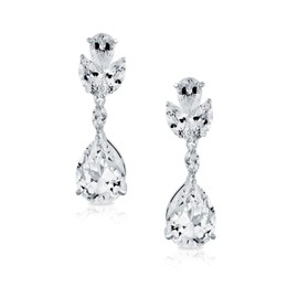 Classic Bridal Wedding Silver Tone Cubic Zirconia Clip-On 2 Teardrops CZ Pear Shape Drop Dangle Earrings Rhodium Plated