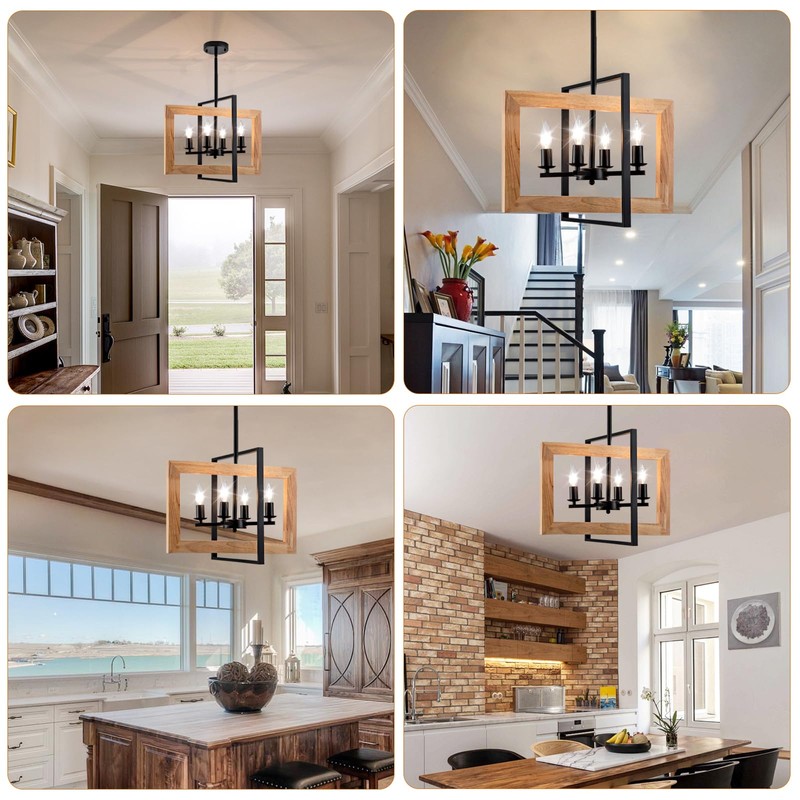 17.7 Inch Farmhouse Wood Chandelier for Dining Room, 4-Light Rustic