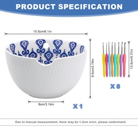 YushengTai Yarn Bowl, Ceramic 3D Relief Pattern Yarn Bowl for Wool, Comes with an 8-Piece Crochet Set, Crochet Accessories, Knitting Accessories, Gifts for Women (White)