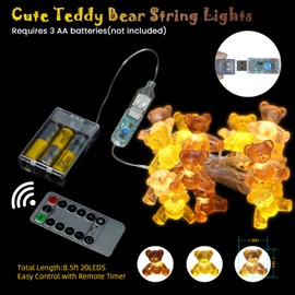 JASHIKA Teddy Bear Indoor String Lights Cottage core Room Decor Unique Bear Decorative Lights 8.5ft 20LED Battery Operated or USB Plug in Fairy Lights Bedroom Camping Christmas Centerpiece Fireplace