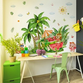 Mirabuy Tropical Summer Wall Decals, Palm Trees and Animals Watermelon Theme Wall Stickers for Summer Party Decorations Kids Room Wall Decor