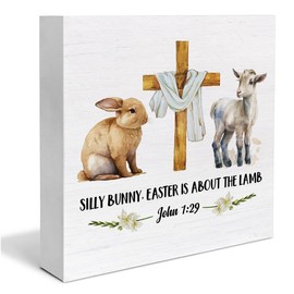 Christian Desk Decor Rustic John 1:29 Bible Verse Wooden Sign Easter Desk Decorations Home Bedroom Living Room Shelf Decor 5 x 5 Inches