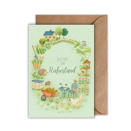 WBdesignz – Ruhestandskarte „Alles Gute zum Ruhestand“ mit Umschlag – Liebevoll illustrierte Abschiedskarte im Gartenmotiv (DIN A6)