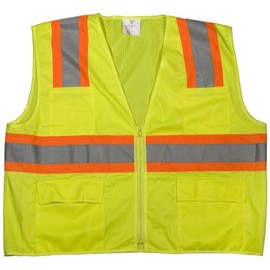 Mutual 16369 High Visibility Polyester ANSI Class 2 Surveyor Safety Vest with Pouch Pockets and 4" Orange/Silver/Orange Reflective Tape, 2X-Large, Lime