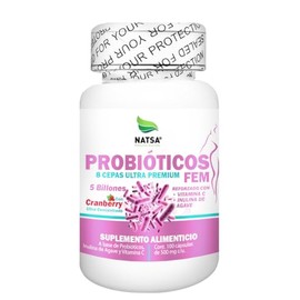NATSA Probióticos Fem 100 cápsulas | Para Salud en Mujer | 5 billones de microorganismos | 8 Cepas Ultra Premium | 2 cápsulas diarias | Reforzado con Inulina y Vitamina C | Con Cranberry Ultra Concentrado | Calidad Premium | Ingredientes Puros