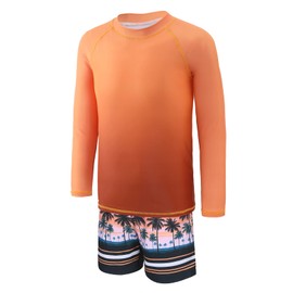 Moon Tree Boys Two Piece Rash Guard Swimsuits Set Kids Long Sleeve Sunsuits Swimwear Set Black Orange Gradient Size 10/8-10 Years