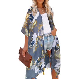 Moss Rose Women's Beach Cover up Swimsuit Kimono with Bohemian Floral Print, Loose Casual Resort Wear