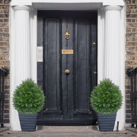 27.5" Artificial Cedar Topiary Tree with Ground Spike, Set of 2 Artificial Cypress Trees Faux Shrubs, UV Resistant Artificial Outdoor Shrubs Plants for Porch Garden Front Porch Decor