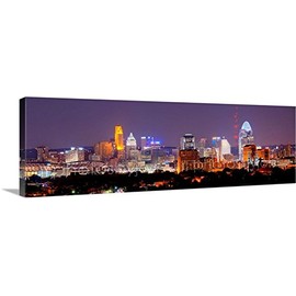 PHOTOSBYJON Canvas Cincinnati Skyline Night 16 inches x 46 inches Color City Downtown Photographic Panorama Print Photo Picture