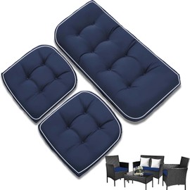 Waterproof Wicker Chair Cushions of 3 Pieces Piped Edges Premium Thick Cushions, All Weather Outdoor Loveseat Cushions for Patio Seat, 1 Loveseat and 2 U-Shaped Cushions, Blue
