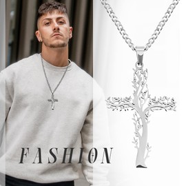 Flongo Cross Necklace Tree of Life Cross Pendant Men's Necklace Women's Necklace Stainless Steel Silver Chain Cross Tree of Life Necklace Elegant Accessories for Men and Women, Stainless Steel