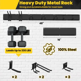 WXCOPON Garage Wall Organizers, 48'' Yard Tool Organizer Wall Mount with 7 Storage Hooks, Sturdy Easy Assembly Heavy Duty Garage Organization, Garden Lawn Tool Organizer for Tools, Skis, Ladders