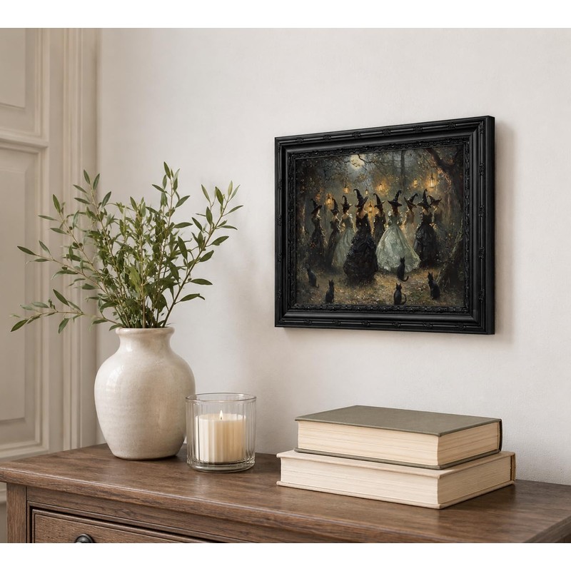 DULASI Framed Witch Wall Art, Moonlit Forest Witch Gathering Painting