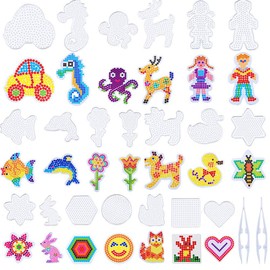 Minelife 20 Pack 5 mm Fuse Beads Boards Clear Plastic Pegboards, Fuse Beads Kit Plastic Animal Shape Template with 20 Pieces Colorful Cards and 2 Pieces Fuse Bead Tweezers for Kids Craft Making