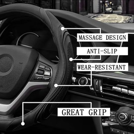 TSUGAMI 15 Inch Car Leather Steering Wheel Cover, Automotive Accessories Elastic Breathable Anti-Slip Soft Wheel Protector Fits Men and Women, Suitable for SUVs, Trucks, Vehicles and RVs (Black)