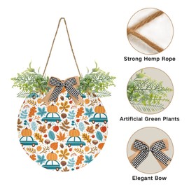 Oyihfvs Pumpkins on Car Acorns Autumn Floral Falling Leaves Door Hanging Sign, 12" Merry Christmas Front Plaque Board Round Wreath for Daily Holiday Welcome Home Garden Yard Wall Pediments