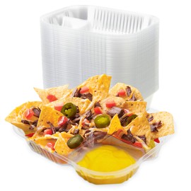 [125 Pack] 8 x 6 Inch Nacho Trays - Large Clear Plastic Anti Spill French Fry Holder, 2 Compartment Disposable Dinner Tray for Hot Food Container, Cheese Sauce, Dart Chips, Movie Night Party Supplies