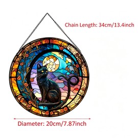Payutou Black Cat Stained Glass Panels,Stained Glass for Windows for Cat Lovers,20cm/7.87inch Painted Glass Panels Garden Hangings Halloween Fall Christmas Decor for Home