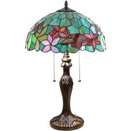 ZJART Tiffany Table Lamp Stained Glass Lamp 16X16X24 Inch Antique Reading Light (Green Red Flowers)
